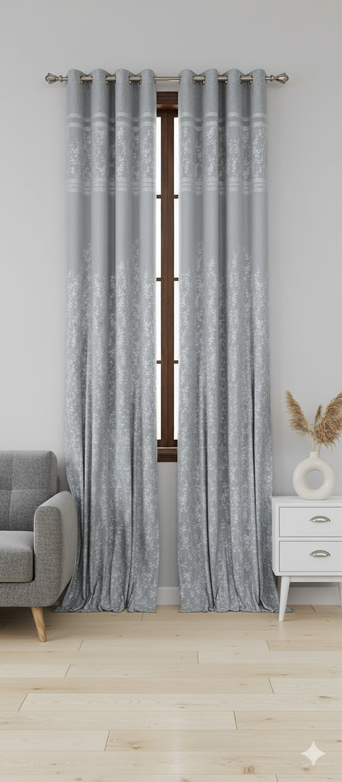 Elegant Grey Floral Curtains – 7 ft Long × 4 ft Wide | Modern & Stylish Window Drapes