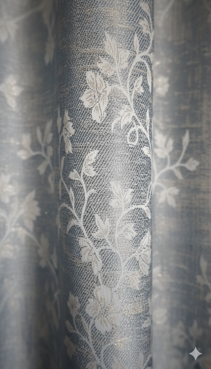 Luxury Grey Blue Floral Eyelet Curtains for Living Room & Bedroom – 7x4 Feet