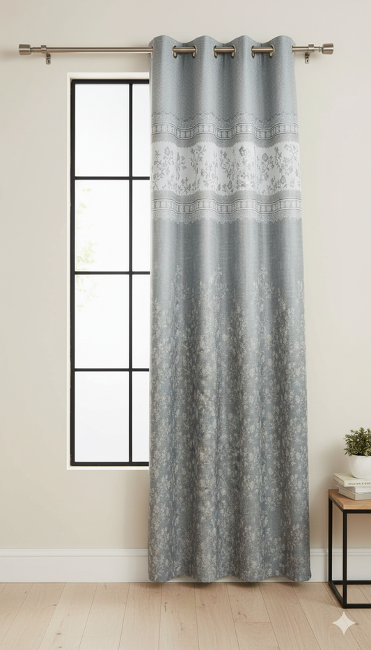 Luxury Grey Blue Floral Eyelet Curtains for Living Room & Bedroom – 7x4 Feet