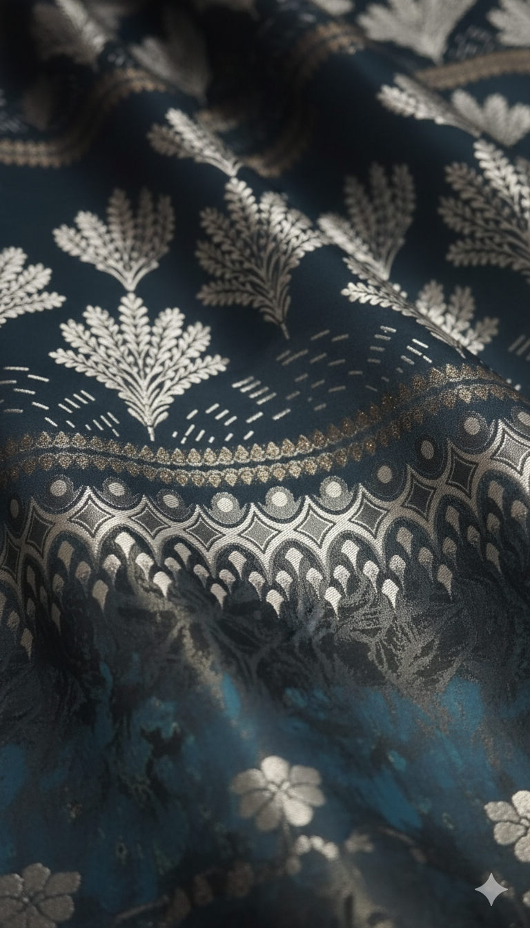 Luxury Blue Jacquard Curtain with Elegant Leaf Motif | 7 ft x 4 ft