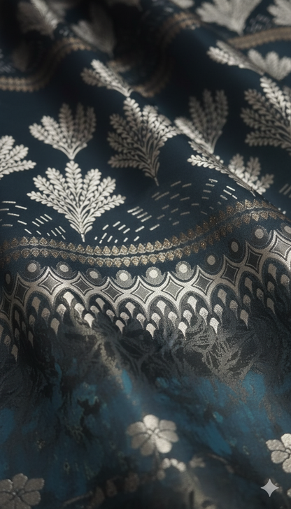 Luxury Blue Jacquard Curtain with Elegant Leaf Motif | 7 ft x 4 ft