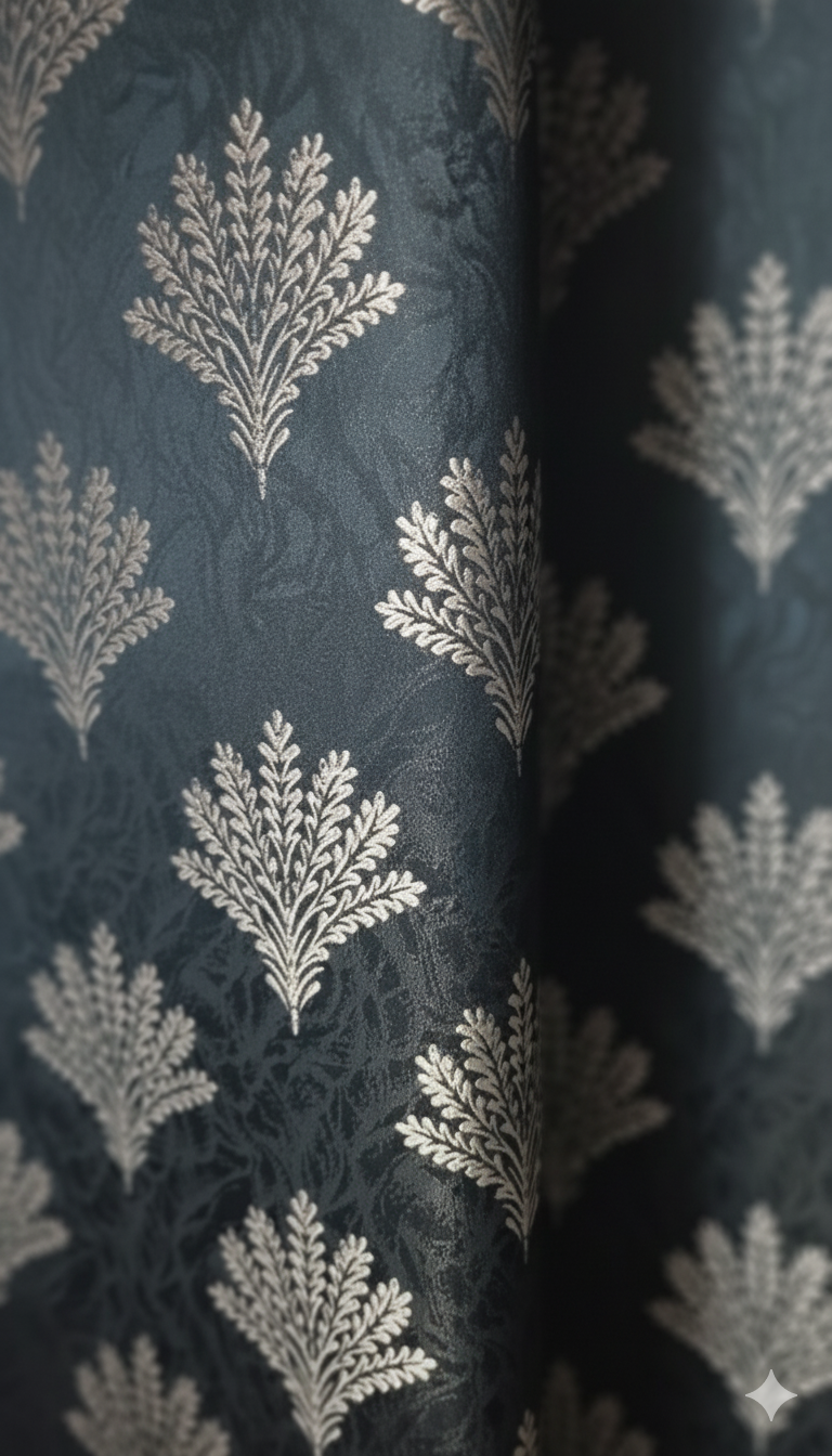 Luxury Blue Jacquard Curtain with Elegant Leaf Motif | 7 ft x 4 ft