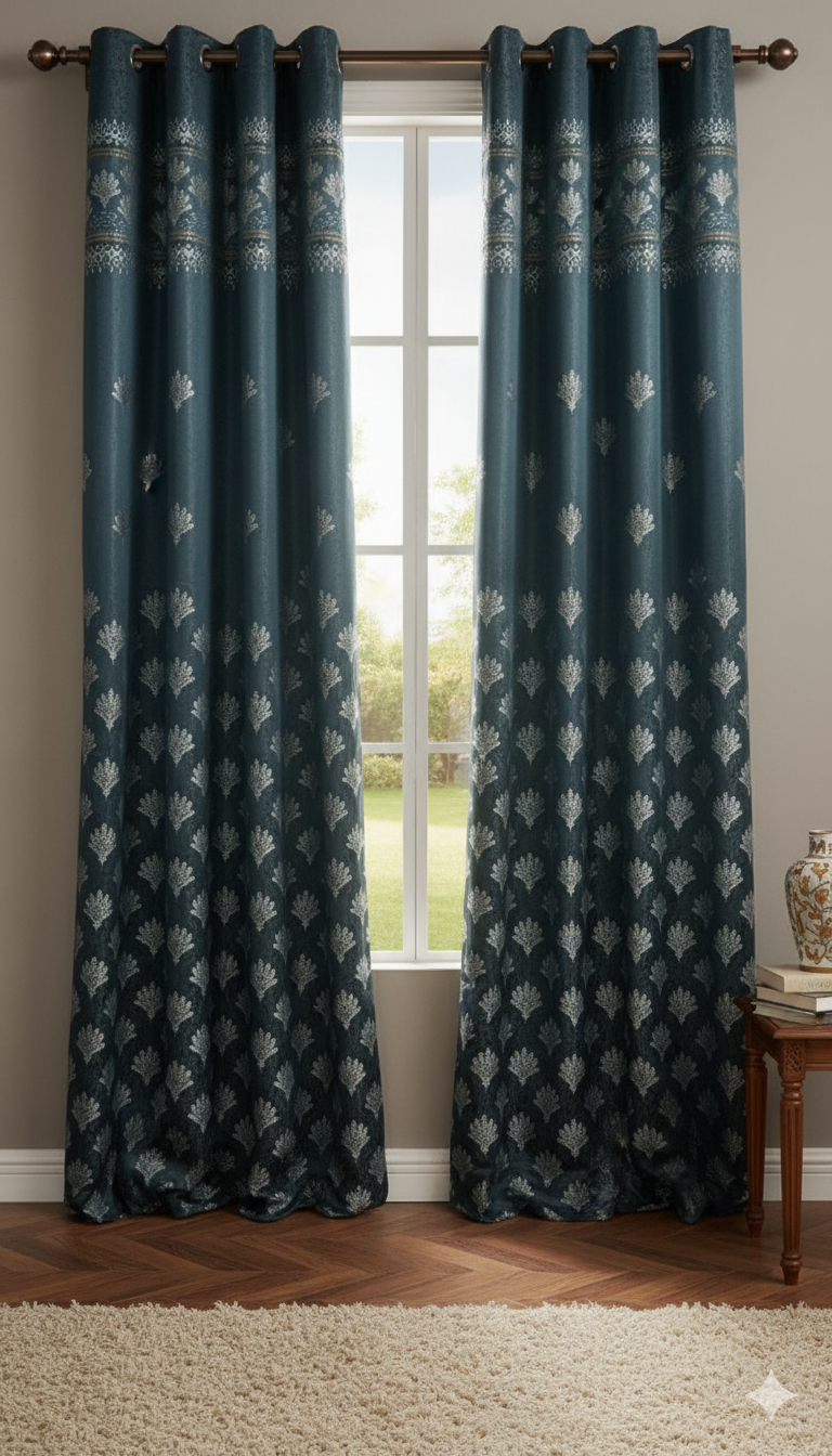 Luxury Blue Jacquard Curtain with Elegant Leaf Motif | 7 ft x 4 ft